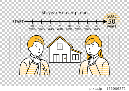 50年の住宅ローンでのマイホーム購入に不安を感じる夫婦 50年の住宅ローンでのマイホーム購入に不安を感じる夫婦 136006271