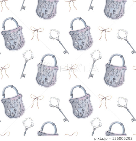 Seamless pattern, vintage metal padlock, key, bow. Hand-painted watercolor illustration isolated on white for textile, packaging, stationery, wallpaper, branding, wedding design, romantic decor 136006292
