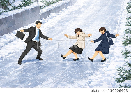 慣れない雪におろおろする人々　イラスト漫画　Generative AI 136006498