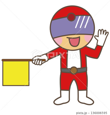 黄色い旗で合図を出す誘導係のキャラクターイラスト 136006595