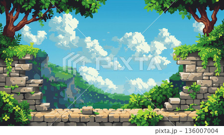 ドット絵フィールド：青空と石壁のステージ 136007004