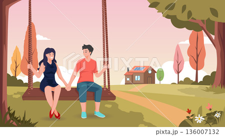 Happy couple sitting on a swing in nature with a large floral heart wreath framing a sunset landscape with a house behind them. Vector illustration. Happy couple sitting on a swing in nature with a large floral heart wreath framing a sunset landscape with a house behind them. Vector illustration. 136007132