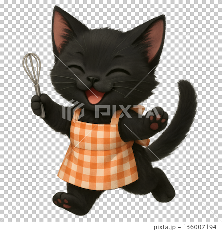 一隻快樂的黑貓拿著打蛋器——生動的人物插畫,讓烹飪充滿樂趣。 一隻快樂的黑貓拿著打蛋器——生動的人物插畫,讓烹飪充滿樂趣。 136007194