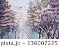 雪道・林の風景を飛ぶ渡り鳥 136007225
