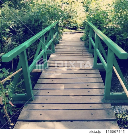 フランス・ジヴェルニー モネの庭に架かる緑色の日本風の橋と豊かな緑の風景 136007345