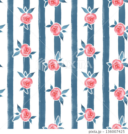 Watercolor red rose seamless pattern with blue brush strokes Watercolor red rose seamless pattern with blue brush strokes 136007425