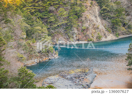 川根本町にある寸又峡の夢のつり橋の風景(静岡県) 136007627