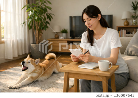 朝の支度を始める女性と犬のいる暮らし 136007643