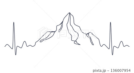 One Line Mountain Landscape Between Heartbeats. Continuous Line Love and Tourism Concept. One Line Mountain Landscape Between Heartbeats. Continuous Line Love and Tourism Concept. 136007954