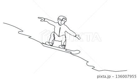 One Line Snowboarder Illustration. Minimal Continuous Line Drawing of Snowboarding. One Line Snowboarder Illustration. Minimal Continuous Line Drawing of Snowboarding. 136007955
