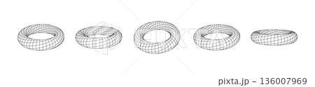 Monochrome Wireframe Grid Shape. Abstract 3D Twisted Torus Shape 136007969