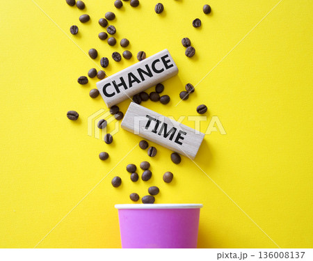 Change Time symbol. Concept words Change Time on beautiful wooden picture frame. Beautiful yellow background with coffee cup and coffee beans. Business and Change Time concept. Copy space. 136008137