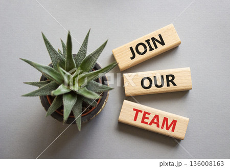 Join our team symbol. Wooden blocks with words Join our team. Beautiful grey background with succulent plant. Business and Join our team concept. Copy space. Join our team symbol. Wooden blocks with words Join our team. Beautiful grey background with succulent plant. Business and Join our team concept. Copy space. 136008163