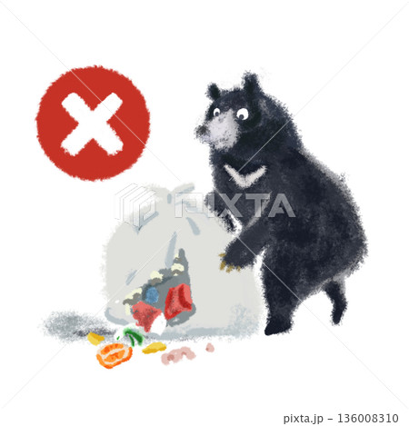 ゴミをあさるツキノワグマと赤い禁止マークのイラスト｜注意・危険・被害対策 136008310