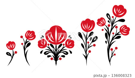 Set of decorative folk floral elements in red and black colors. Bold flat vector style inspired by traditional ornaments 136008323