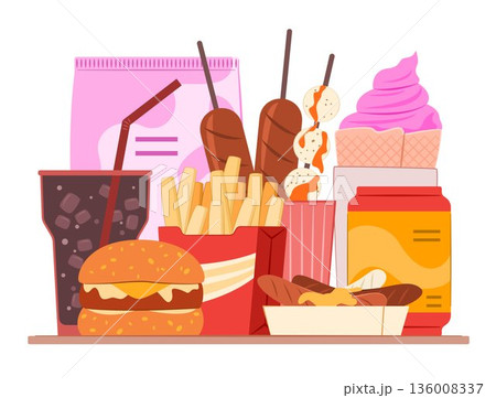 Hamburger, Sausage, French Fries, Soft Drinks, Ice Cream and Fried Chip Snack for Ultra-Processed Foods and High Calorie Foods Eating Concept Illustration Clip Art 136008337