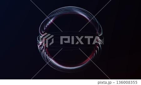 Abstract digital sphere formed by glowing blue and red strings on dark background. Futuristic energy orb with dynamic curved lines, luminous depth and modern sci fi visual language. 136008355