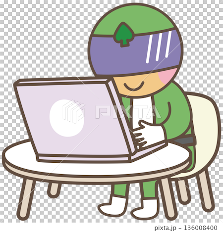 デジタル時代のヒーローがパソコンを操作するイラスト 136008400