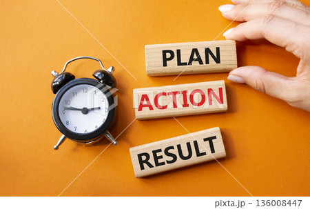 Plan Action Result symbol. Concept words Plan Action Result on wooden blocks. Businessman hand. Beautiful orange background with alarm clock. Business concept and Plan Action Result. Copy space. 136008447