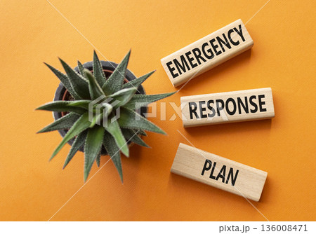 Emergency Response Plan symbol. Concept words Emergency Response Plan on wooden blocks. Businessman hand. Beautiful orange background with succulent. Business and Emergency Response Plan concept. Copy 136008471
