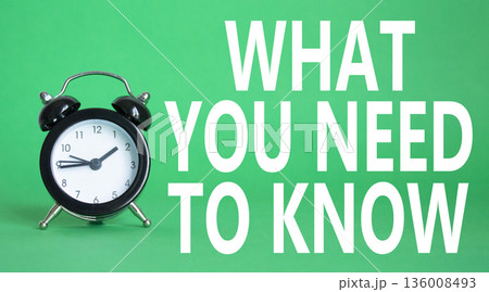 What You need to Know symbol. Wooden blocks with words What You need to Know. Beautiful green background with alarm clock. Business and What You need to Know. Copy space. 136008493