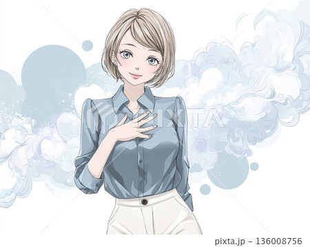 手を胸に当てて想いを伝える若いビジネス女性｜信頼・誠実・共感のイメージイラスト 136008756