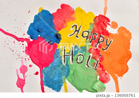 A background with rainbow watercolor splashes. Holi paint splashes on a white background for banner or poster design, or a greeting card for the festival of colors. A background with rainbow watercolor splashes. Holi paint splashes on a white background for banner or poster design, or a greeting card for the festival of colors. 136008761