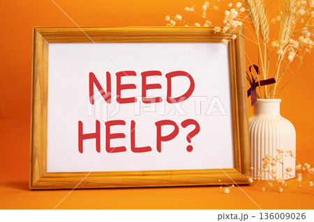 Need Help symbol. Concept words Need Help on beautiful wooden picture frame. Beautiful orange background with flower vase. Business and Need Help concept. Copy space. Need Help symbol. Concept words Need Help on beautiful wooden picture frame. Beautiful orange background with flower vase. Business and Need Help concept. Copy space. 136009026