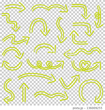 Illustration of a double-lined hand-drawn arrow set (yellow-green) Illustration of a double-lined hand-drawn arrow set (yellow-green) 136009255