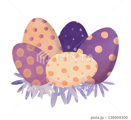 Cute Easter eggs illustration in soft pastel colors. Hand-drawn decorative eggs with polka dot patterns, perfect for kids designs, Easter cards nursery art, spring decor, stickers, holiday backgrounds Cute Easter eggs illustration in soft pastel colors. Hand-drawn decorative eggs with polka dot patterns, perfect for kids designs, Easter cards nursery art, spring decor, stickers, holiday backgrounds 136009300