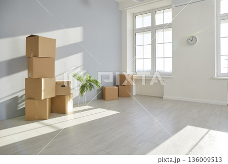Modern living room interior with packed cardboard boxes and green plant on moving day Modern living room interior with packed cardboard boxes and green plant on moving day 136009513
