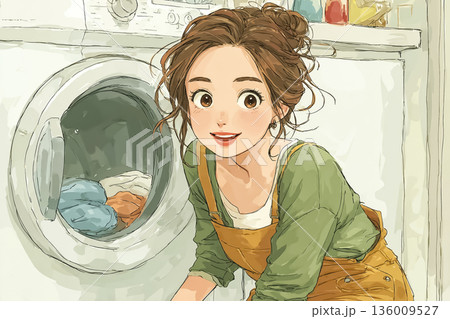 美優シリーズ：洗濯機に洗濯物を入れる若い女性｜家事・暮らし・日常生活のイラスト 136009527