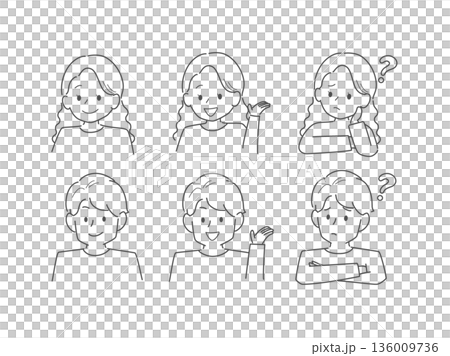 ラフな服装の男女の様々な表情セット（線画） 136009736