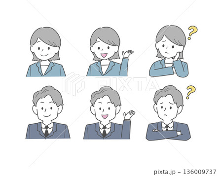 スーツの男女の様々な表情セット（線画） 136009737