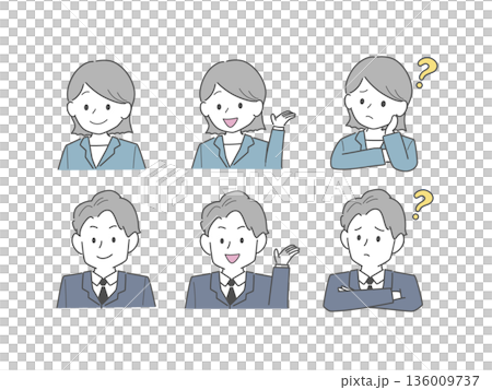 身穿西裝的男女各種表情（線條畫） 136009737