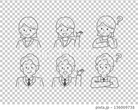 身穿西裝的男女各種表情（線條畫） 136009738