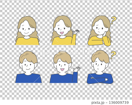 身著休閒服的男女各種臉部表情（彩色） 136009739