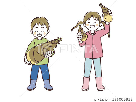 たけのこ掘りで、収穫したたけのこを笑顔で持ち上げる男の子と女の子 シンプルなイラスト たけのこ掘りで、収穫したたけのこを笑顔で持ち上げる男の子と女の子 シンプルなイラスト 136009913