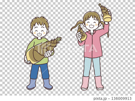 一幅簡單的插圖，描繪了一個男孩和一個女孩面帶微笑，舉著他們挖完後收穫的竹筍。 136009913