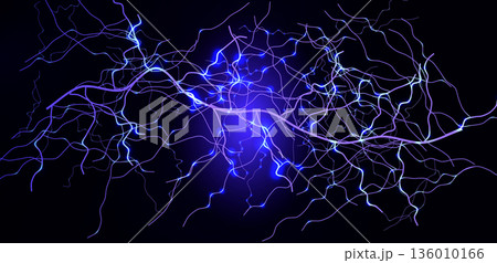 Lightning Thunderbolt Strike Black Night Background, Blue Glow Light Effect Thunder Bolt. Realistic Spark Lightening Discharge Burst, Electric Shock Current. Energy Charge Line. Vector Illustration. 136010166