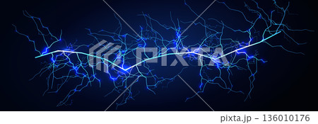 Lightning Thunderbolt Strike Black Night Background, Blue Glow Light Effect Thunder Bolt. Realistic Spark Lightening Discharge Burst, Electric Shock Current. Energy Charge Line. Vector Illustration. 136010176