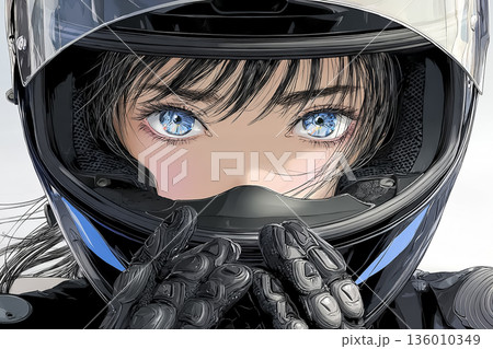 フルフェイスヘルメットを着用した女性ライダーのクローズアップ｜安全運転とバイクイメージのイラスト 136010349