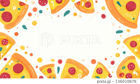 白背景にカラフルに散りばめられたピザと具材の構成 136010676