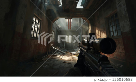 屋内でライフルを構えた一人称視点のイラスト 136010688