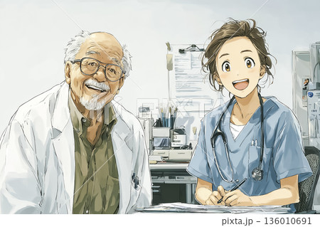 健康診断を行う医療スタッフ｜シニア向け医療ケアのイラスト 136010691