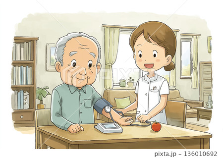 自宅で血圧測定を行う高齢男性と看護師｜在宅医療と健康管理のイラスト 136010692