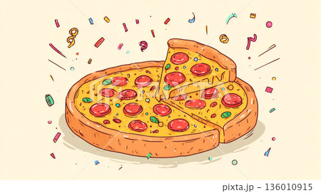 紙吹雪が舞うピザのイラスト 136010915