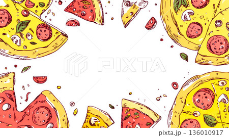 白背景にランダム配置されたピザスライス 136010917