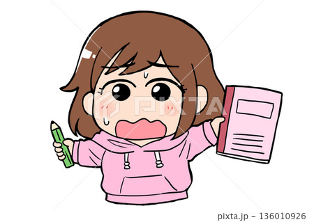 ノートと鉛筆を持って勉強を頑張る女の子(焦り)新生活・学習・応援 136010926