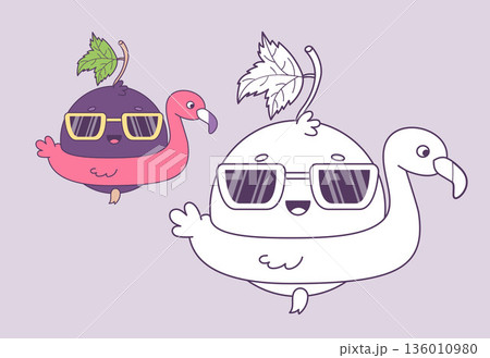 Cute Summer Blackcurrant Character. Coloring Page. Cartoon Berry Currant Mascot with Sunglasses and Inflatable Flamingo. Isolated Color and Outline drawing. Vector illustration. Kids Collection 136010980